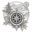 compass with tree and mountains tattoo design idea