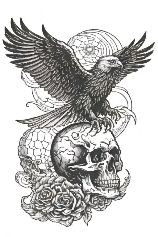 skull watching a flying eagle tattoo design idea