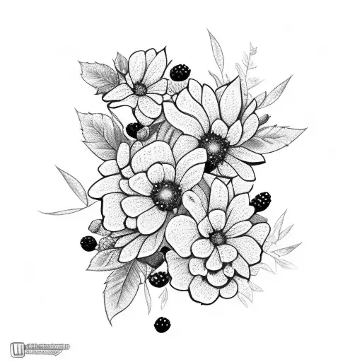 blackberry branch with white flowers and blackberries tattoo design idea