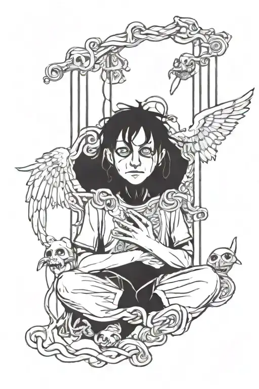 depressed man puppet master with strings angel and demon tattoo design idea