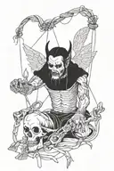 depressed man puppet master with strings angel and demon tattoo design idea