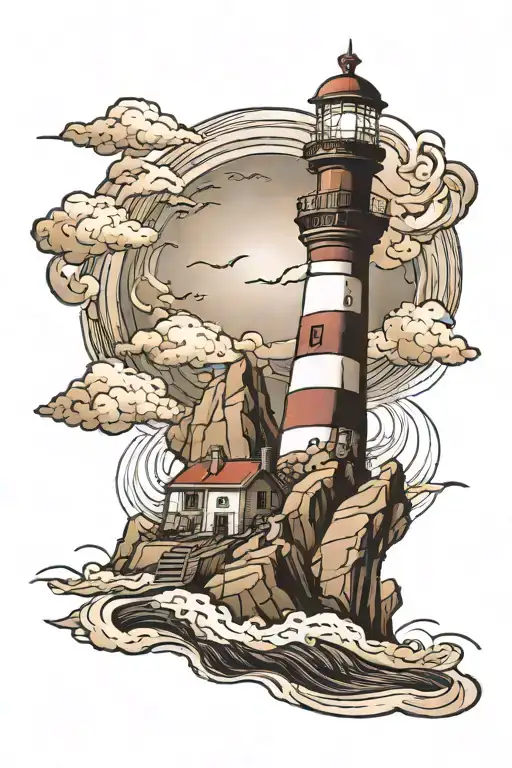 Lighthouse on cliff side in a powerful storm tattoo design idea
