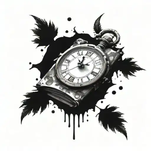Crumbling clock + half-open book tattoo design idea