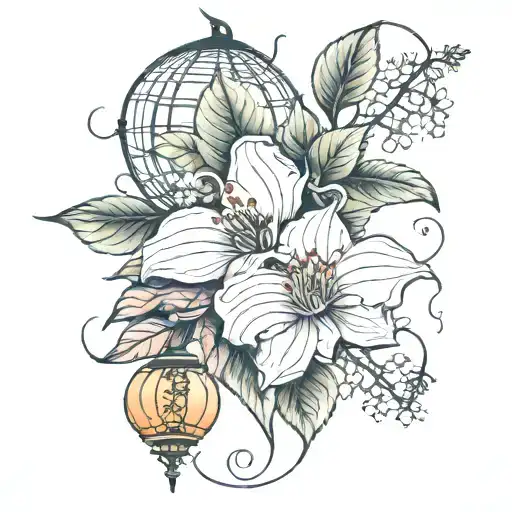 lilacs and Chinese lantern plant intertwined tattoo design idea