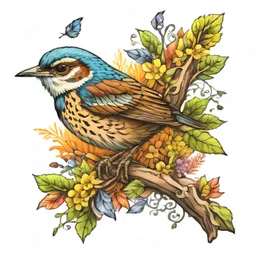 a wren bird sitting in a rainbow tree of life intertwined tattoo design idea
