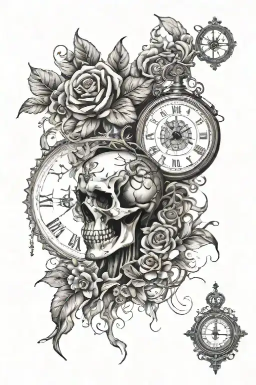 TATTOO SLEEVE ON IT: a skull, a clock, a compass, the inscription Momento sea, a girl’s face tattoo design idea