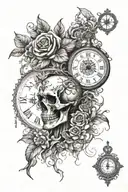 TATTOO SLEEVE ON IT: a skull, a clock, a compass, the inscription Momento sea, a girl’s face tattoo design idea