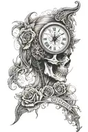 TATTOO SLEEVE ON IT: a skull, a clock, a compass, the inscription Momento sea, a girl’s face tattoo design idea