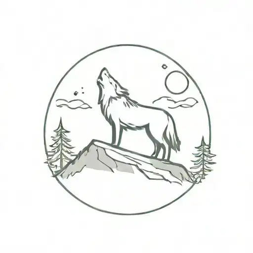 A wolf howling at the moon on a mountain peak tattoo design idea