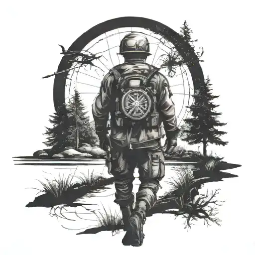 A detailed blackwork tattoo of a soldier standing at a crossroads, with a compass in one hand and a tree in the background symbolizing nature tattoo design idea