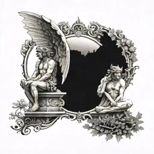 A dotwork tattoo of an angel and devil sitting on opposite sides of a scale, with a forest landscape in the background representing the battle between good and evil in nature tattoo design idea