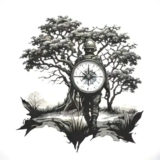 A detailed blackwork tattoo of a soldier standing at a crossroads, with a compass in one hand and a tree in the background symbolizing nature tattoo design idea
