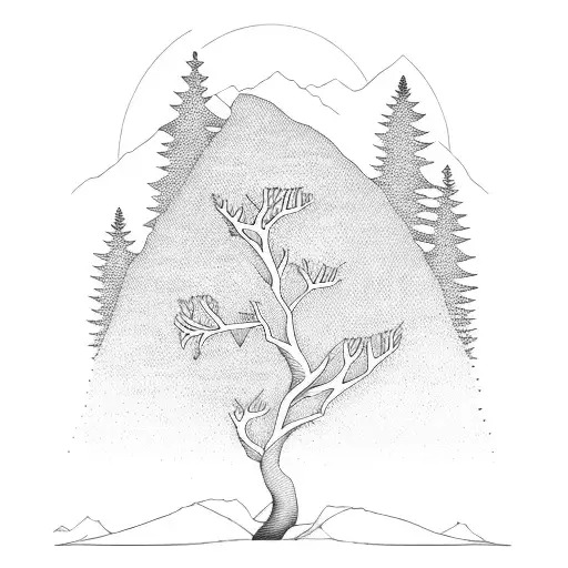 trees and mountains and waterfall  tattoo design idea