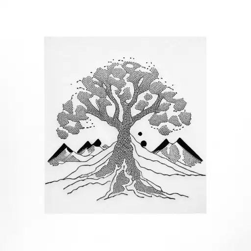 trees and mountains and waterfall  tattoo design idea
