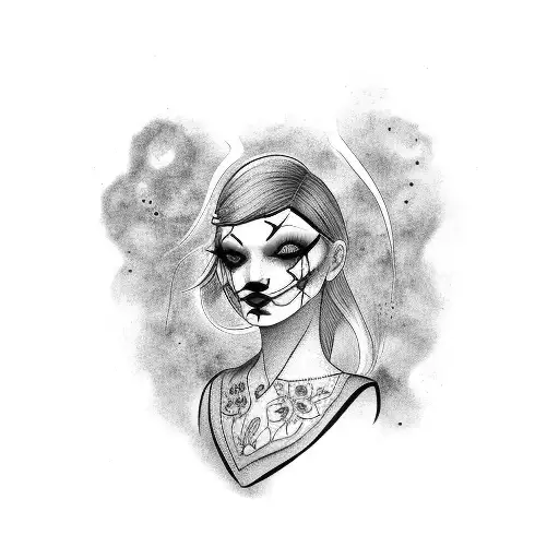 a sad girl in clown makeup and costume  tattoo design idea