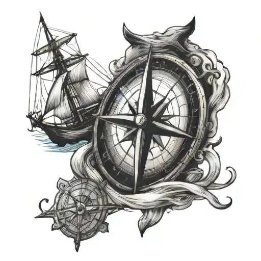 one compass and one sail boat  tattoo design idea