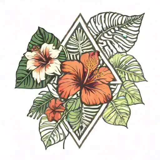 monstera leaf, palm tree and hibiscus flower into an upside down triangle tattoo design idea