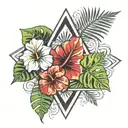 monstera leaf, palm tree and hibiscus flower into an upside down triangle tattoo design idea