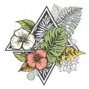 monstera leaf, palm tree and hibiscus flower into an upside down triangle tattoo design idea
