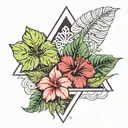 monstera leaf, palm tree and hibiscus flower into an upside down triangle tattoo design idea