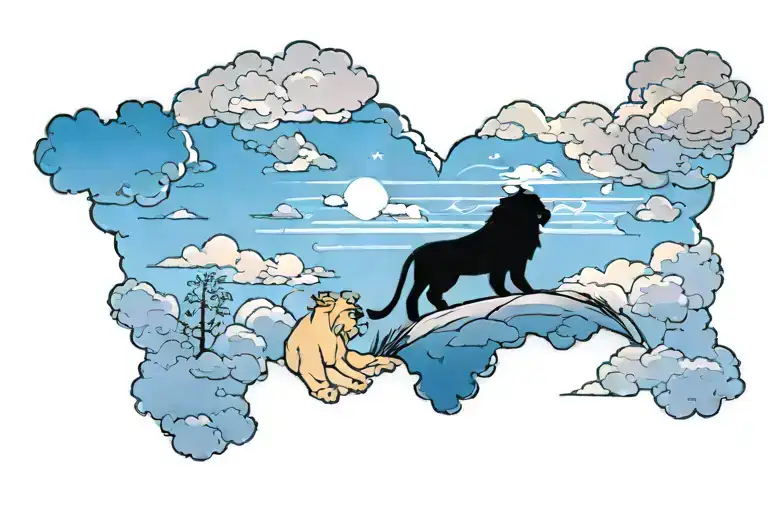 MUFASA AND SIMBA SCENE AND WORDS REMEMBER WHO YOU ARE IN CLOUDS WITH SHADOWS IN THE SKY tattoo design idea