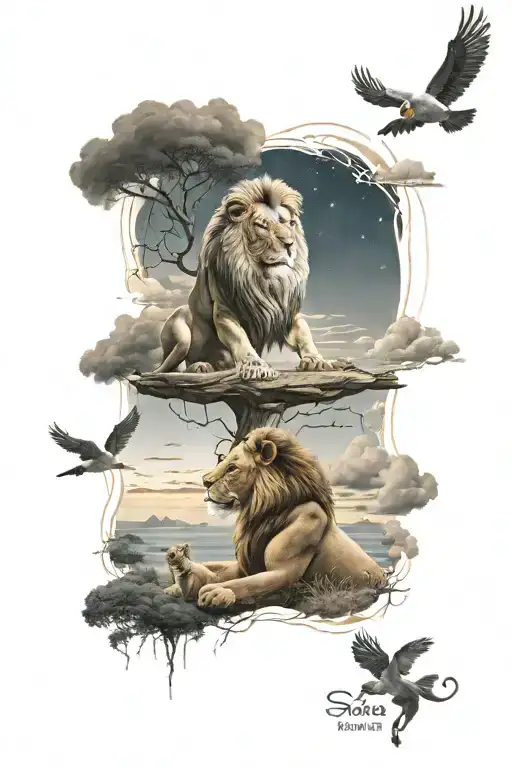  EXACT SCENE FROM LION KING 2 WHERE SIMBA SEES MUFASA IN THE SKY AND LETTERING IN THE SKY ' REMEMBER WHO YOU ARE' tattoo design idea