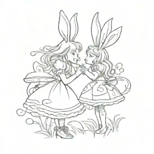 Alice in wonderland and rabbit facing each other   tattoo design idea