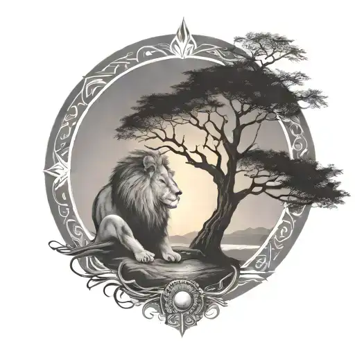 the tree of life, lion and the sun setting sun tattoo design idea