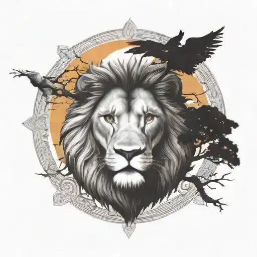 the tree of life, lion and the sun setting sun tattoo design idea