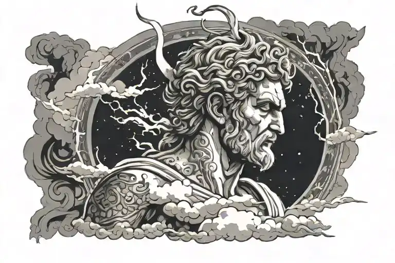 Greek god with a phrase surrounded by clouds and lightning tattoo design idea