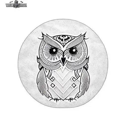 An intricately designed owl perched on a football, incorporating Nordic patterns, in a blackwork style. tattoo design idea