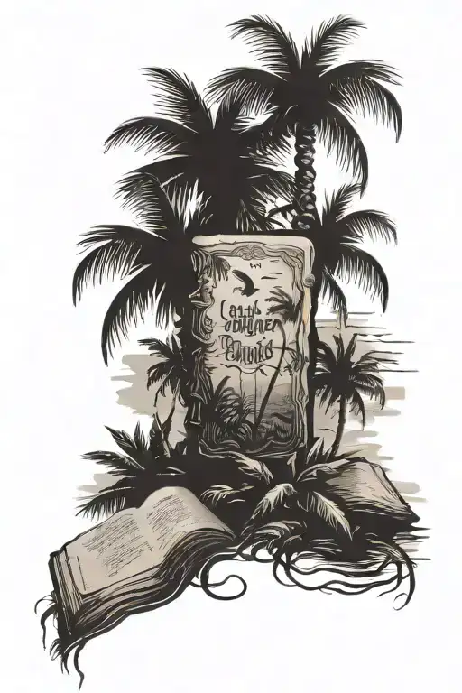 Rugged looking thorn bush with a bible quote and a palm tree in the wind tattoo design idea