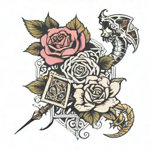 On the forearm and hand, I want a mix of roses, mechanics, a scorpion, and a King playing card tattoo design idea
