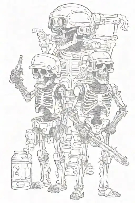two standing skellotons both with cigarettes and a beerbottel and one with a army helmet  tattoo design idea