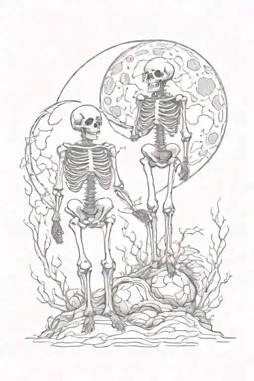 two standing skellotons both with cigerrets and a full moon tattoo design idea