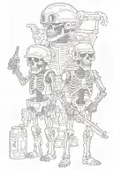 two standing skellotons both with cigarettes and a beerbottel and one with a army helmet  tattoo design idea