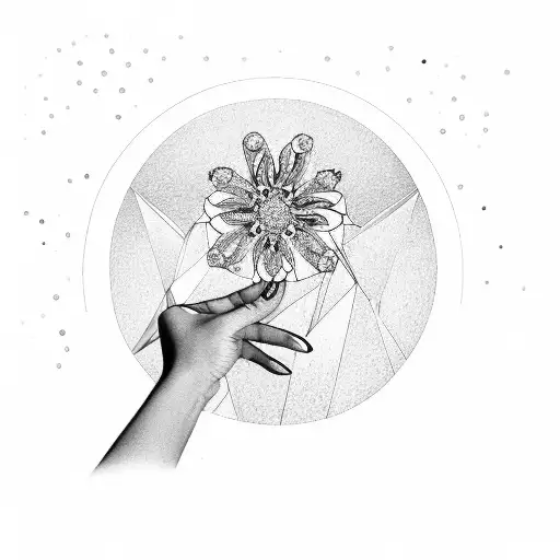 A girl holding a diamond in her hand, surrounded by delicate dotwork flowers tattoo design idea