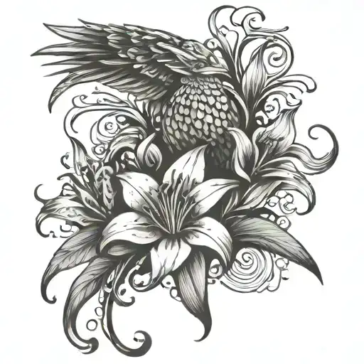 phoenix and stargazer lily tattoo design idea