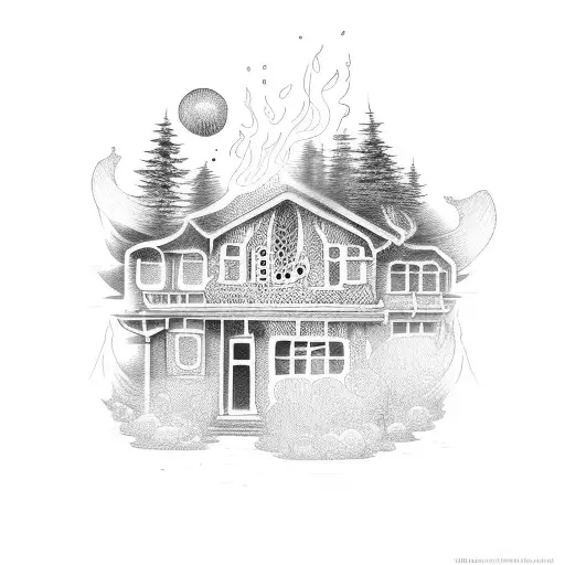 burning house tattoo design idea