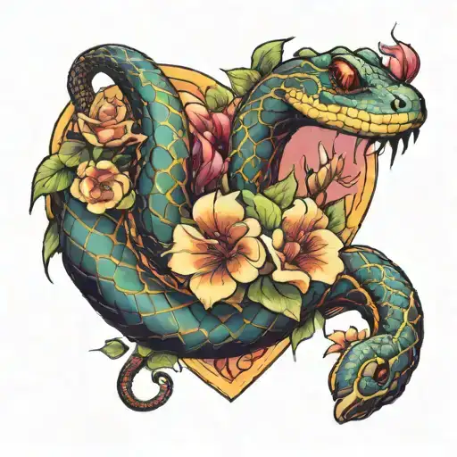 heart shaped snake with an M inside with flowers around it tattoo design idea