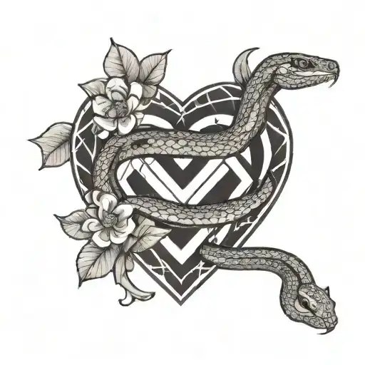 heart shaped snake with an M inside with flowers around it tattoo design idea