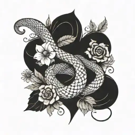 heart shaped snake with an M inside with flowers around it tattoo design idea
