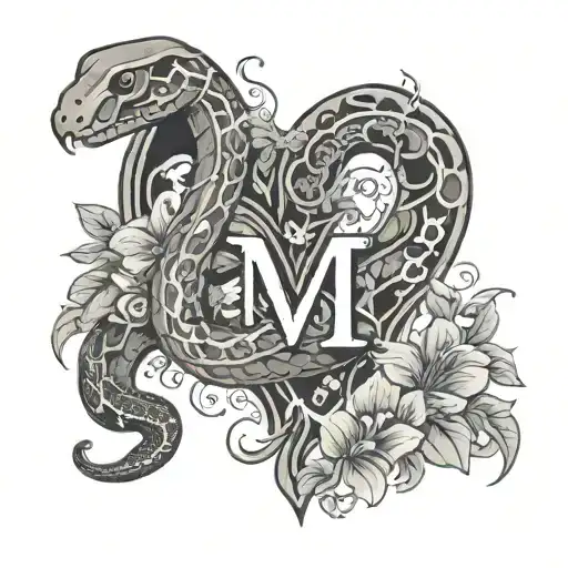 Heart shaped snake with the letter M inside with flowers around it tattoo design idea