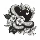 heart shaped snake with an M inside with flowers around it tattoo design idea