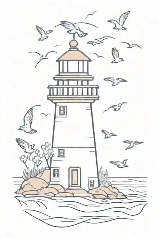 small light house with 4 birds flying around it tattoo design idea