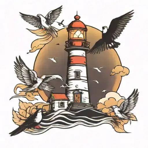 lighthouse with 4 birds flying around it tattoo design idea