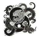 A yin yang symbol intertwined with intricate tiger and dragon motifs tattoo design idea