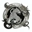 A yin yang symbol intertwined with intricate tiger and dragon motifs tattoo design idea