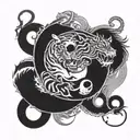 A yin yang symbol intertwined with intricate tiger and dragon motifs tattoo design idea