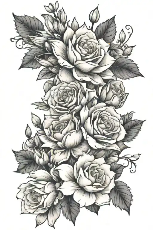roses, water lily, gladiolus, chrysanthemum, marigolds, violets, tattoo design idea